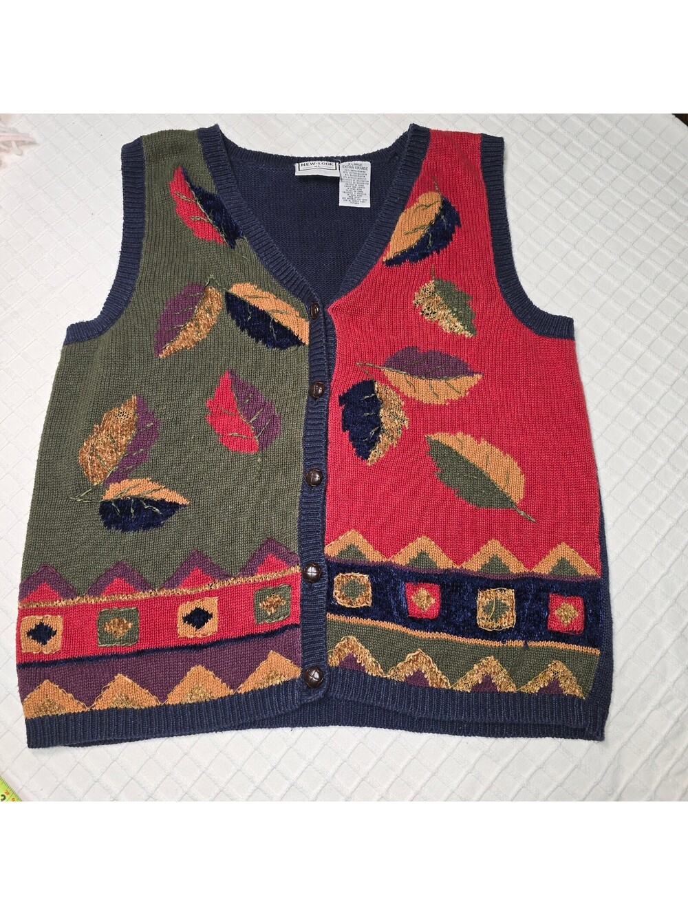 VTG 90s New Look Fall Sweater Vest Knit Cardigan Colorblock Grandmacore XL
